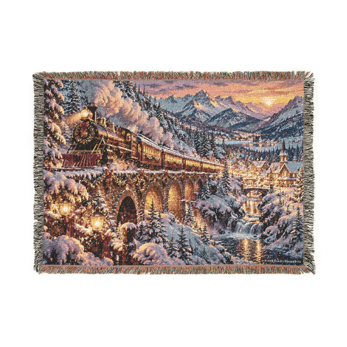 Christmas Train in the Alps Woven Blanket