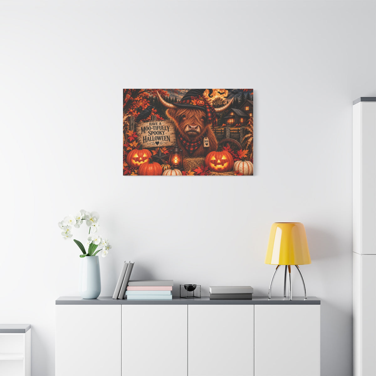 Halloween Highland Cow Canvas – "Have a Moo-tifully Spooky Halloween" Matte Stretched Wall Art