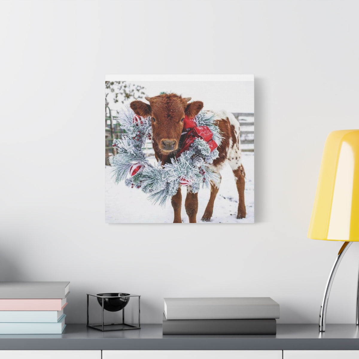 Holiday Calf Canvas Print — Festive Cow with Wreath Wall Art