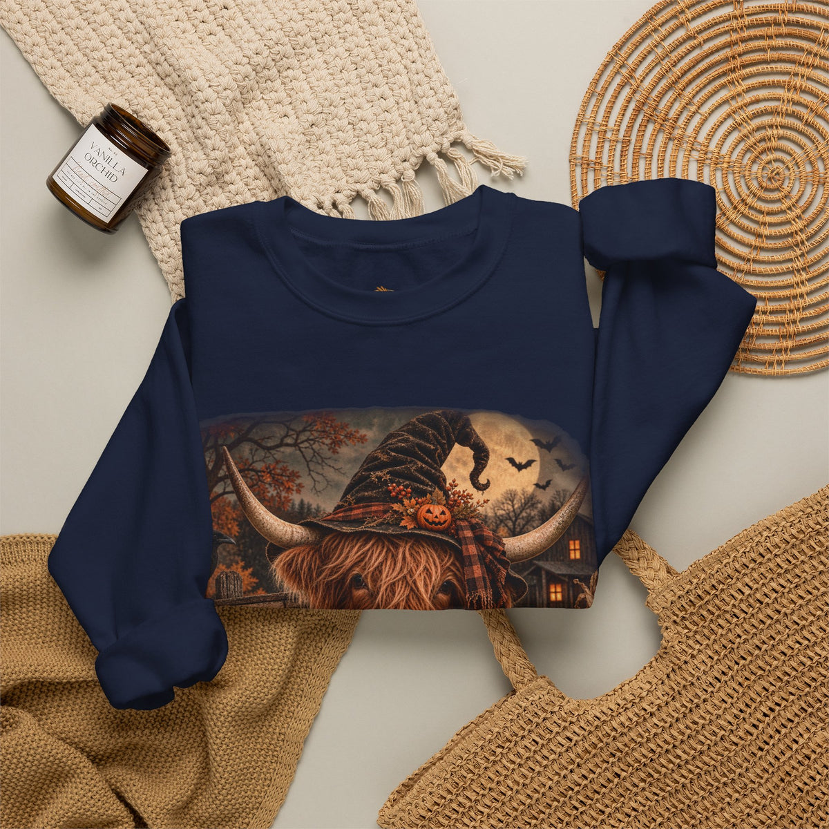 Halloween Highland Cow Sweatshirt – "Have a Moo-tifully Spooky Halloween" Crewneck-Flour and Foundry Mercantile Co.