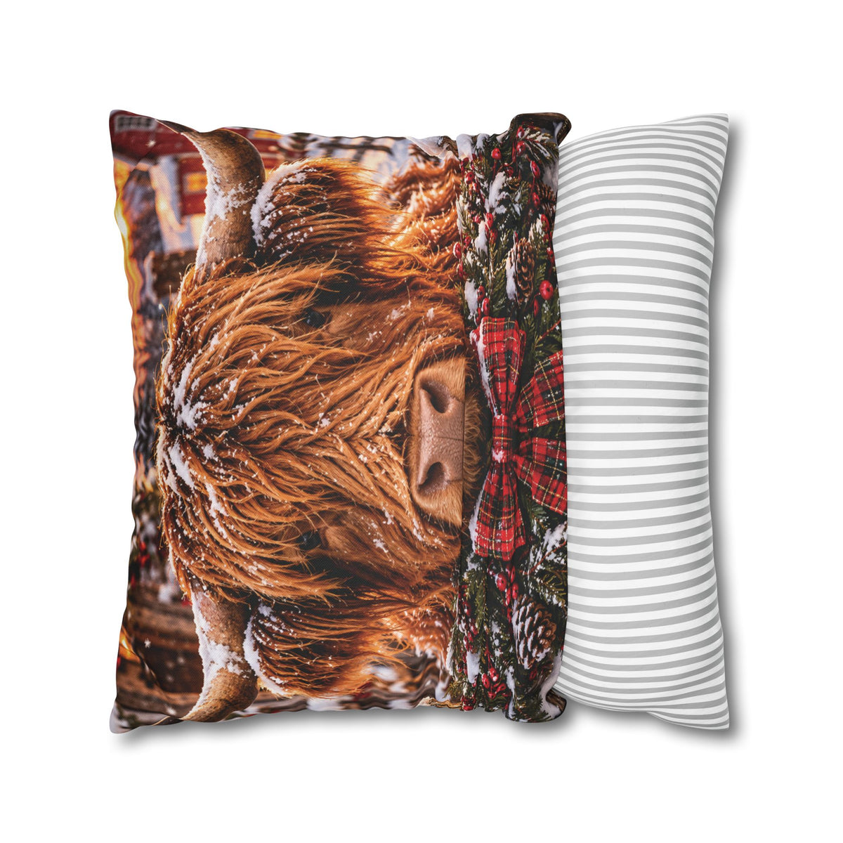 Christmas Barn and Cow Double Sided Pillowcase — Rustic Holiday Throw Pillow Cover