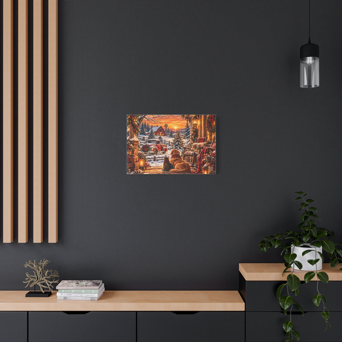 Snowy Winter Porch Scene with Dog & Cat-Christmas Farmhouse Canvas Print