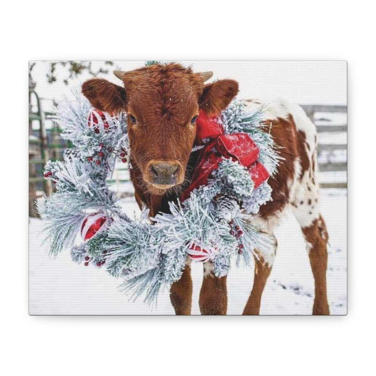 Holiday Calf Canvas Print — Festive Cow with Wreath Wall Art