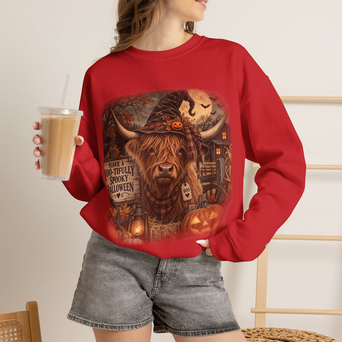 Halloween Highland Cow Sweatshirt – "Have a Moo-tifully Spooky Halloween" Crewneck-Flour and Foundry Mercantile Co.