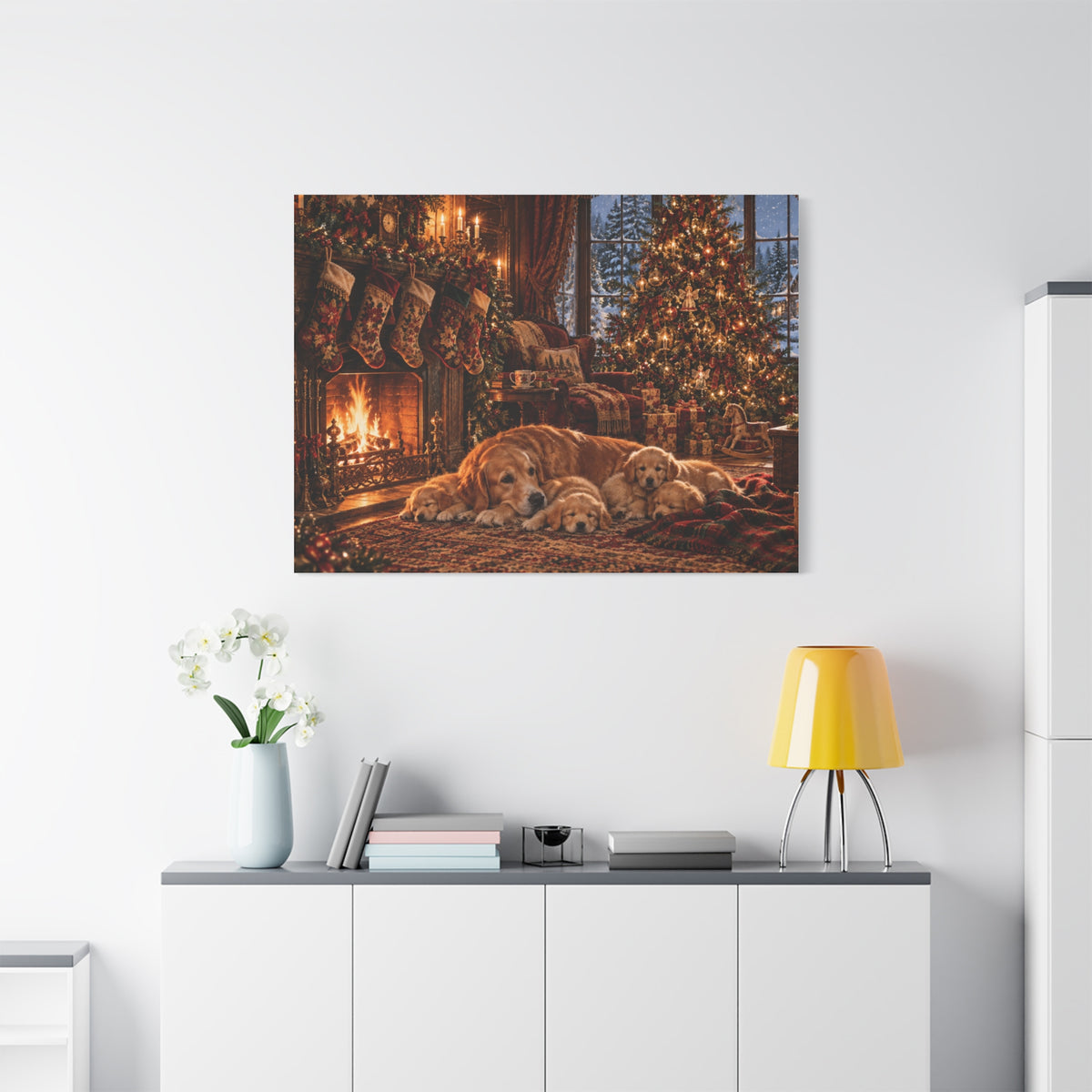 Cozy Christmas Dogs by the Fireplace Canvas Wall Art