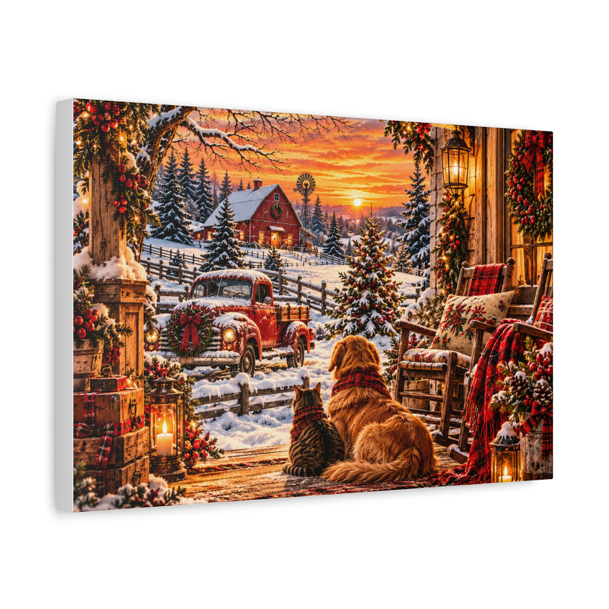 Snowy Winter Porch Scene with Dog & Cat-Christmas Farmhouse Canvas Print