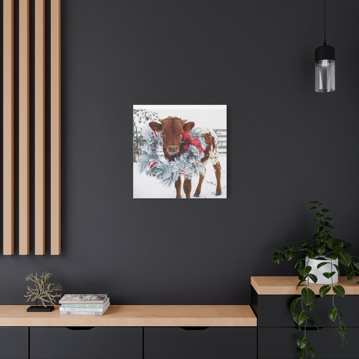 Holiday Calf Canvas Print — Festive Cow with Wreath Wall Art