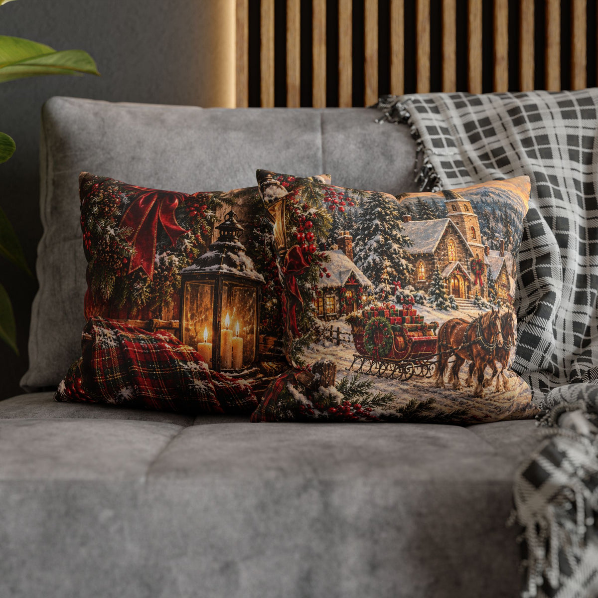 Christmas Village Horse-Drawn Sleigh Decorative Pillowcase
