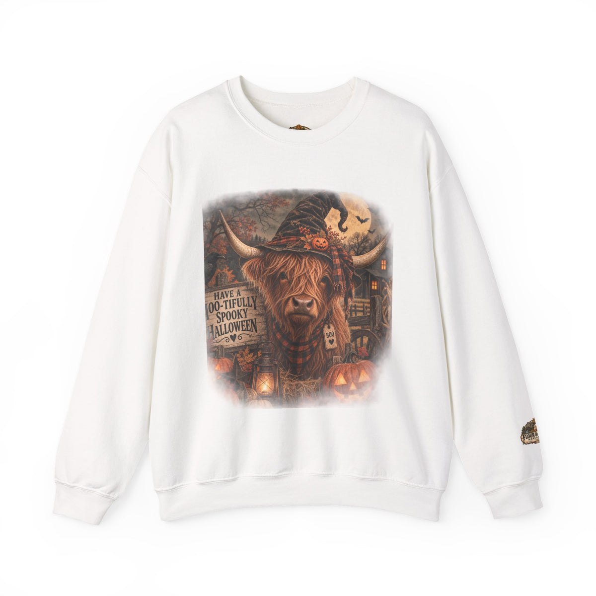 Halloween Highland Cow Sweatshirt – "Have a Moo-tifully Spooky Halloween" Crewneck-Flour and Foundry Mercantile Co.