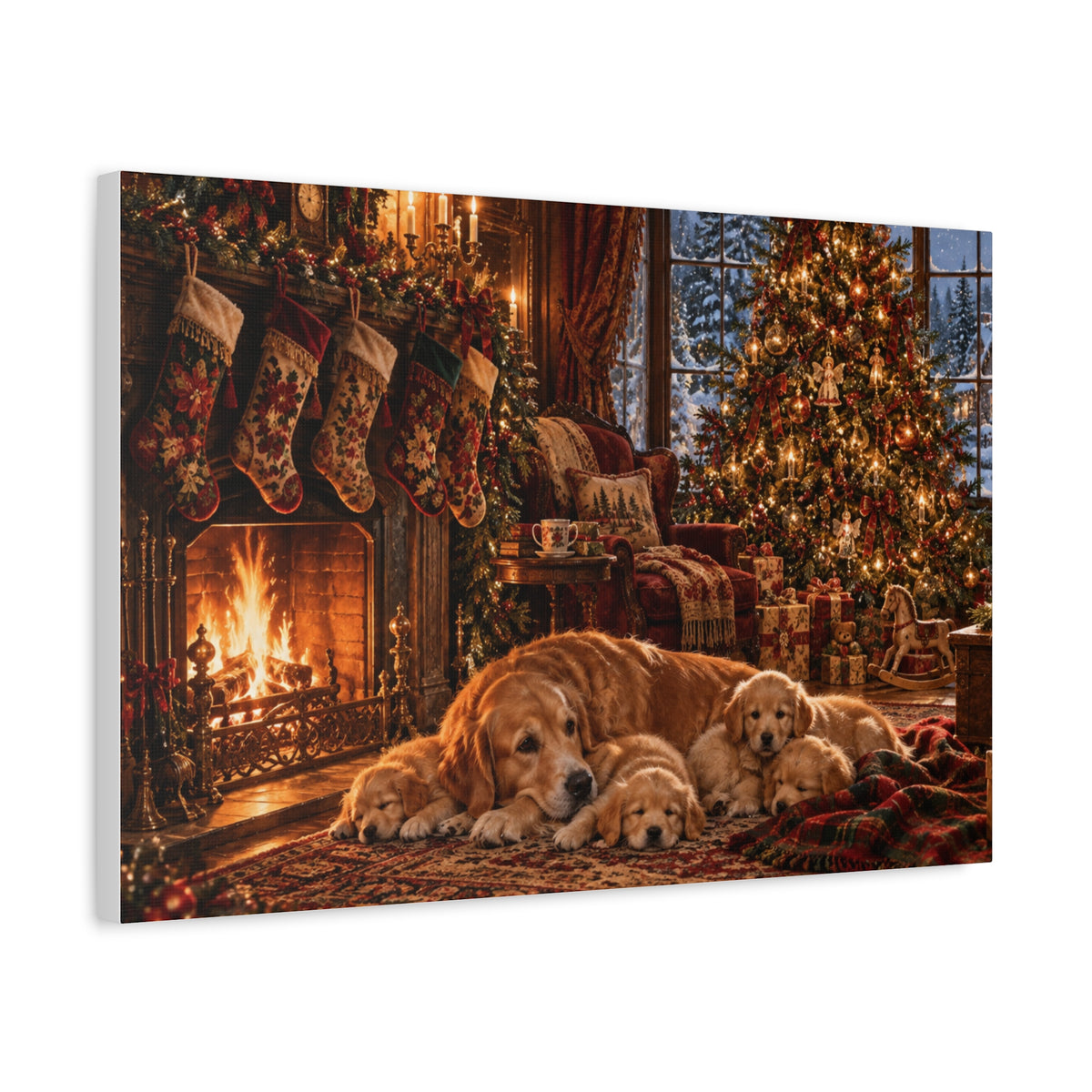 Cozy Christmas Dogs by the Fireplace Canvas Wall Art