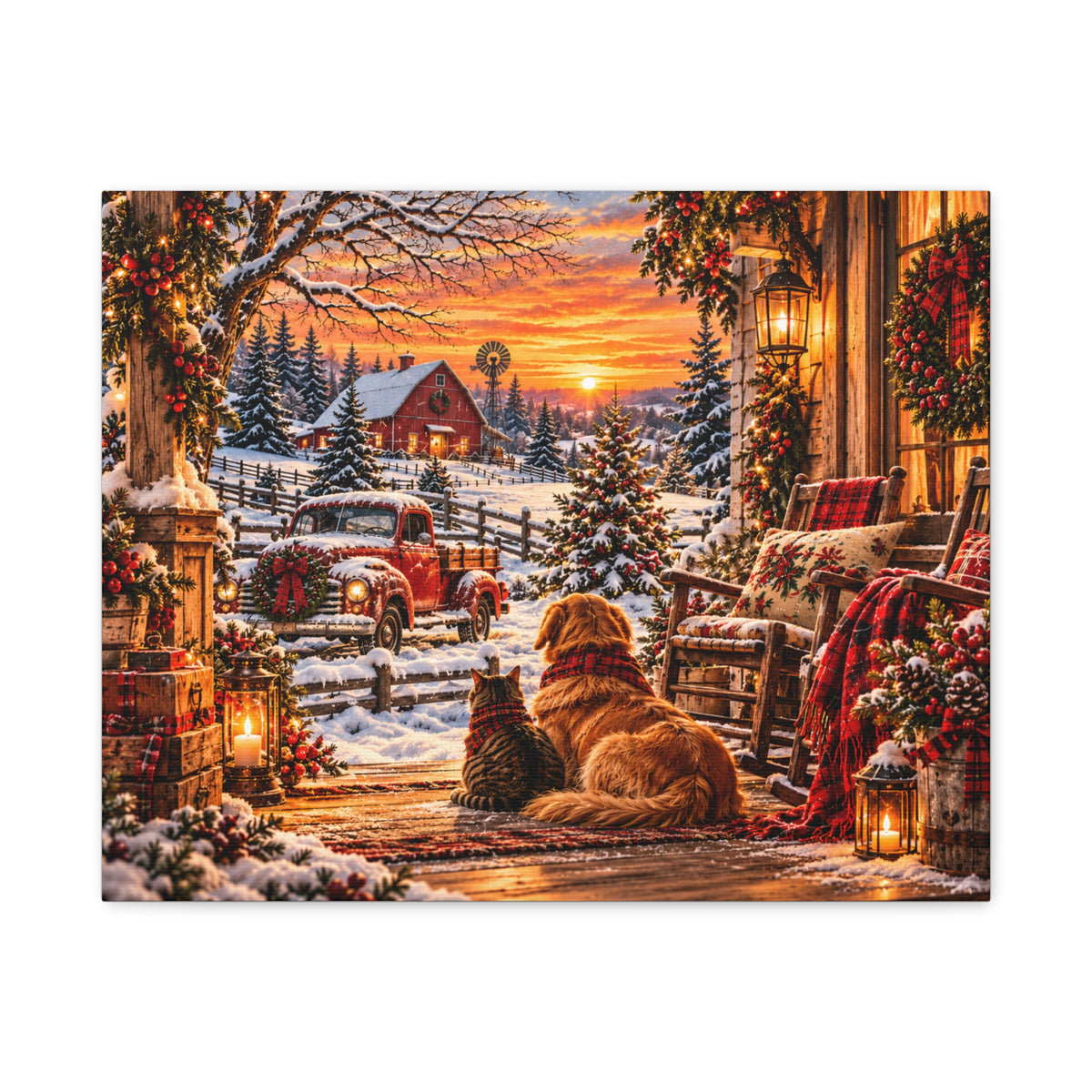 Snowy Winter Porch Scene with Dog & Cat-Christmas Farmhouse Canvas Print