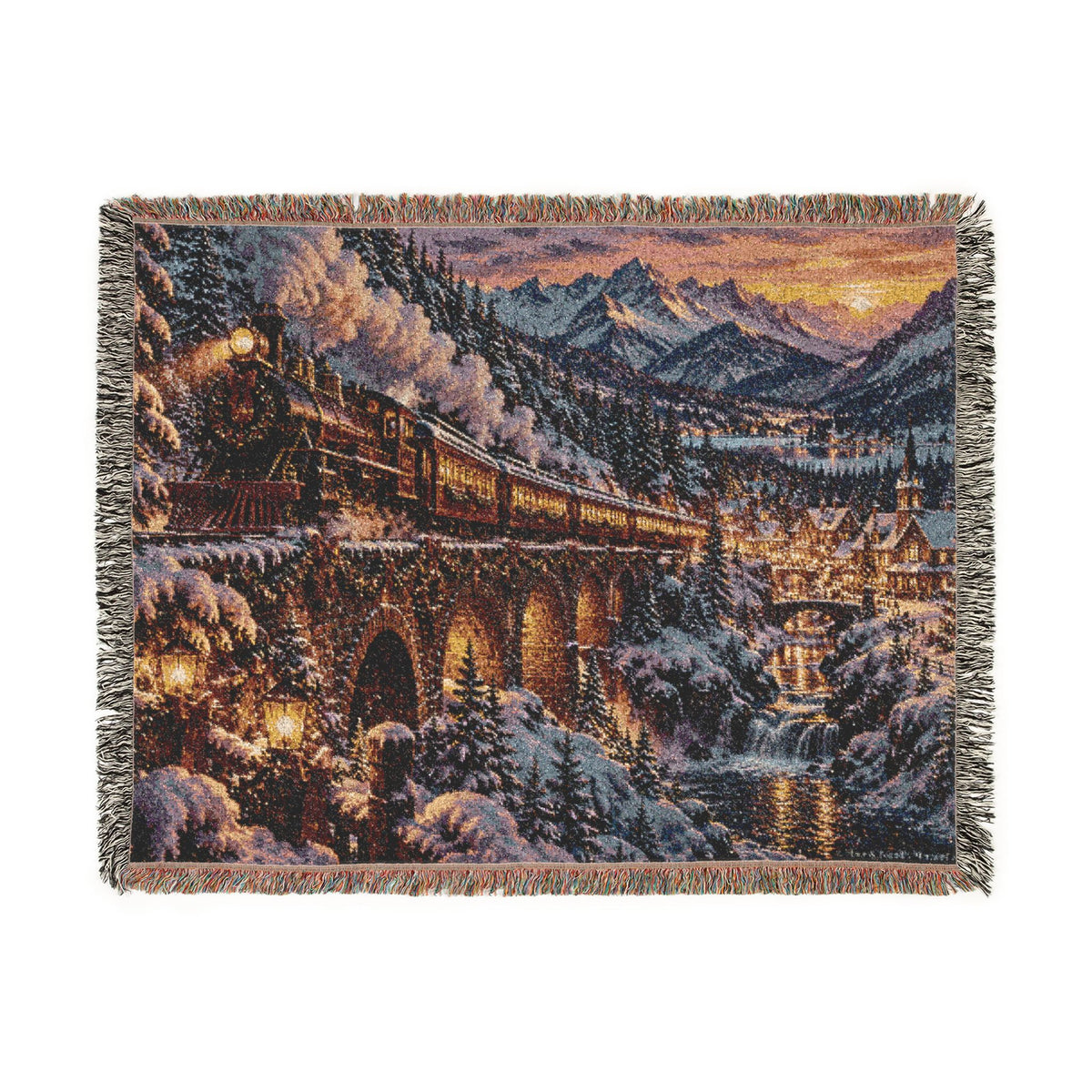 Christmas Train in the Alps Woven Blanket