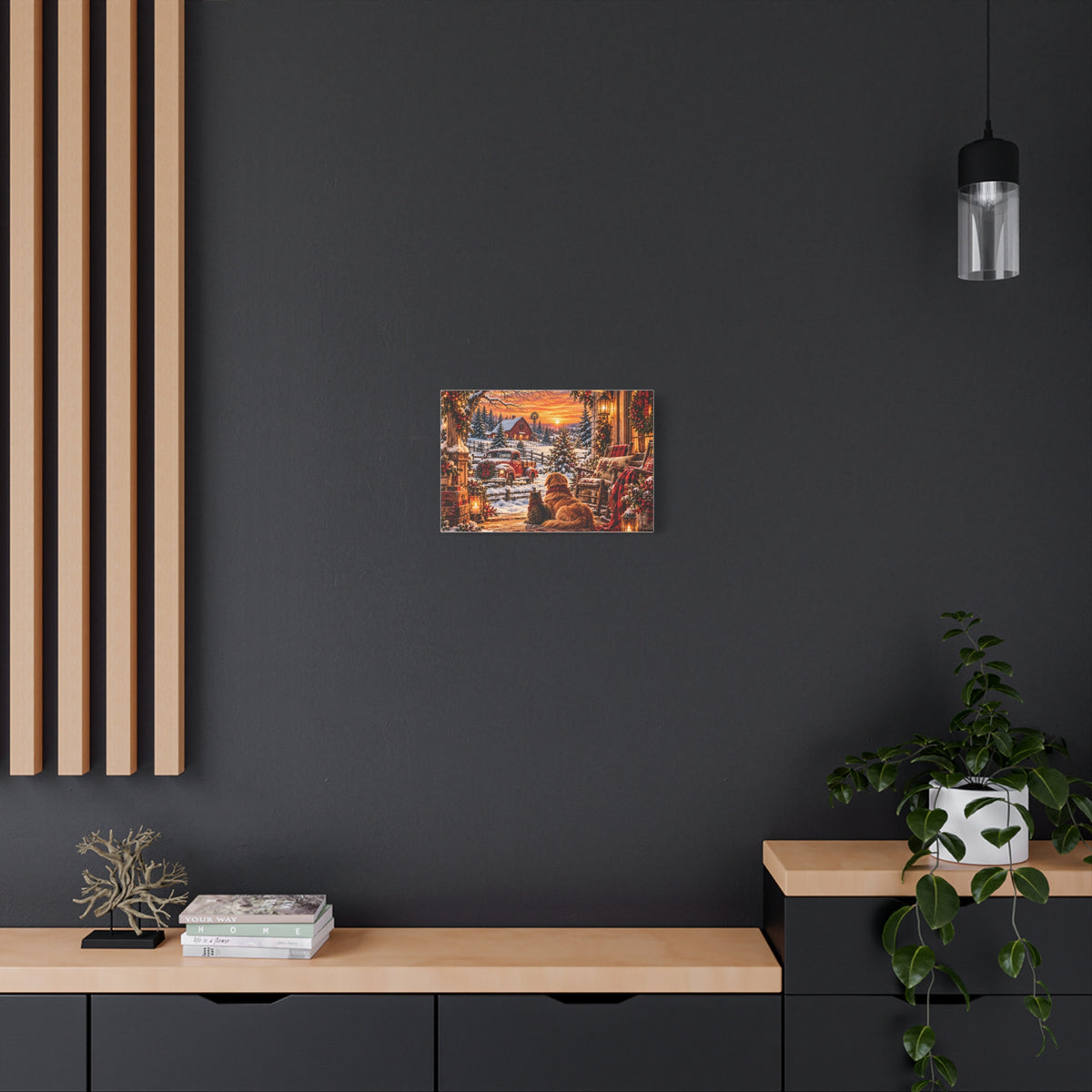 Snowy Winter Porch Scene with Dog & Cat-Christmas Farmhouse Canvas Print