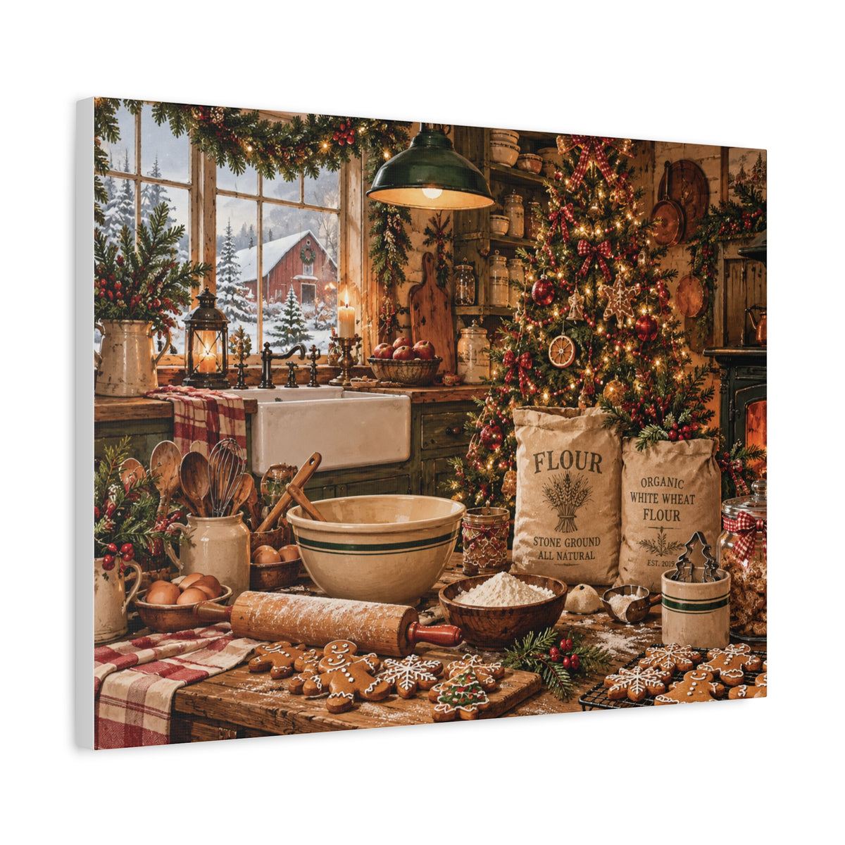 Christmas Kitchen Canvas Wall Art — Cozy Holiday Baking Scene, Rustic Farmhouse Holiday Decor