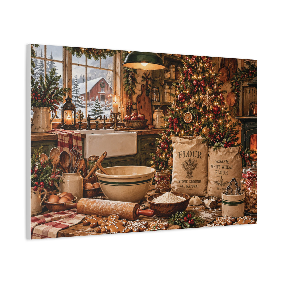 Christmas Kitchen Canvas Wall Art — Cozy Holiday Baking Scene, Rustic Farmhouse Holiday Decor
