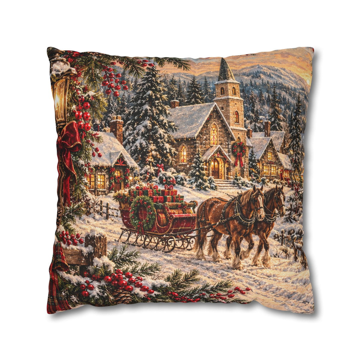 Christmas Village Horse-Drawn Sleigh Decorative Pillowcase