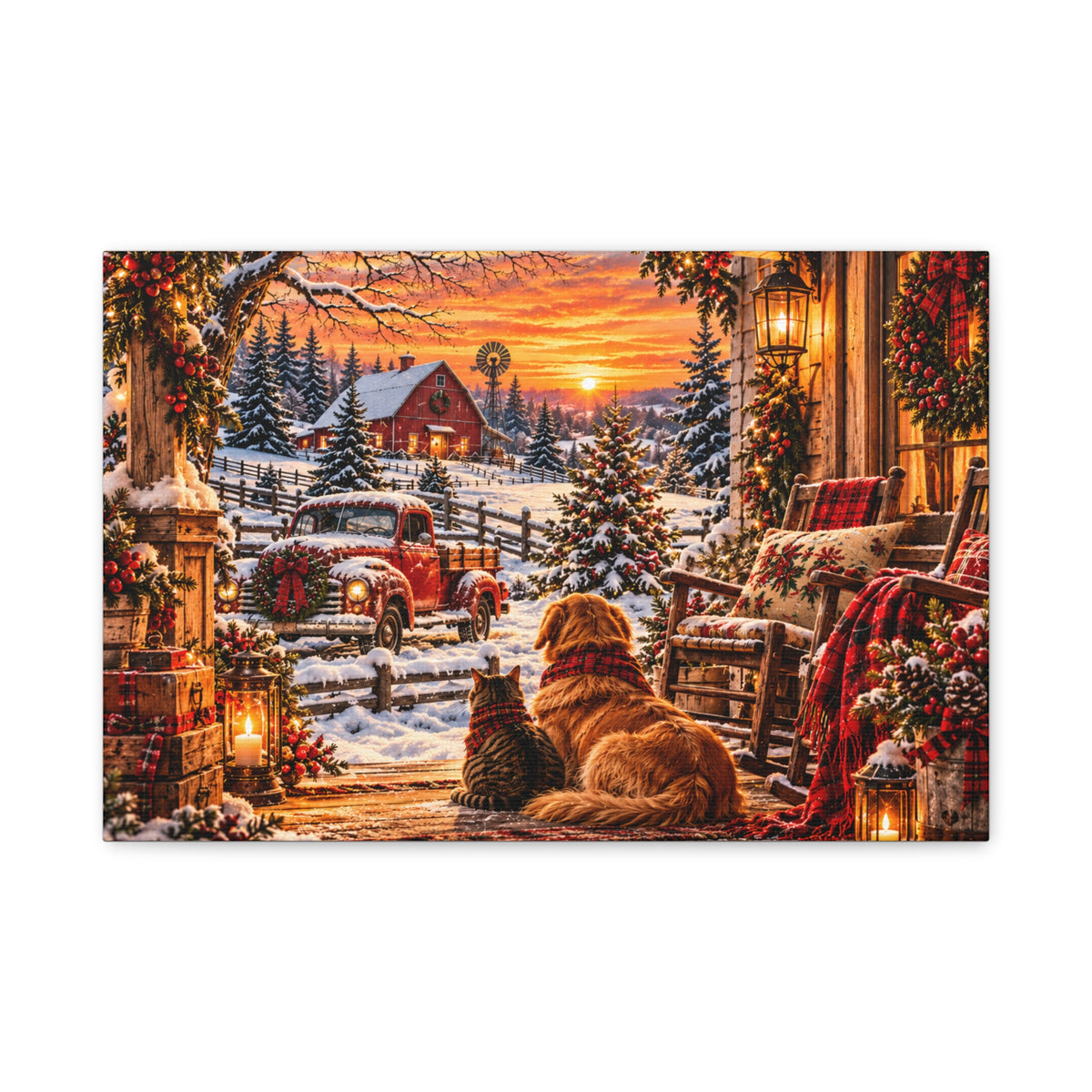 Snowy Winter Porch Scene with Dog & Cat-Christmas Farmhouse Canvas Print