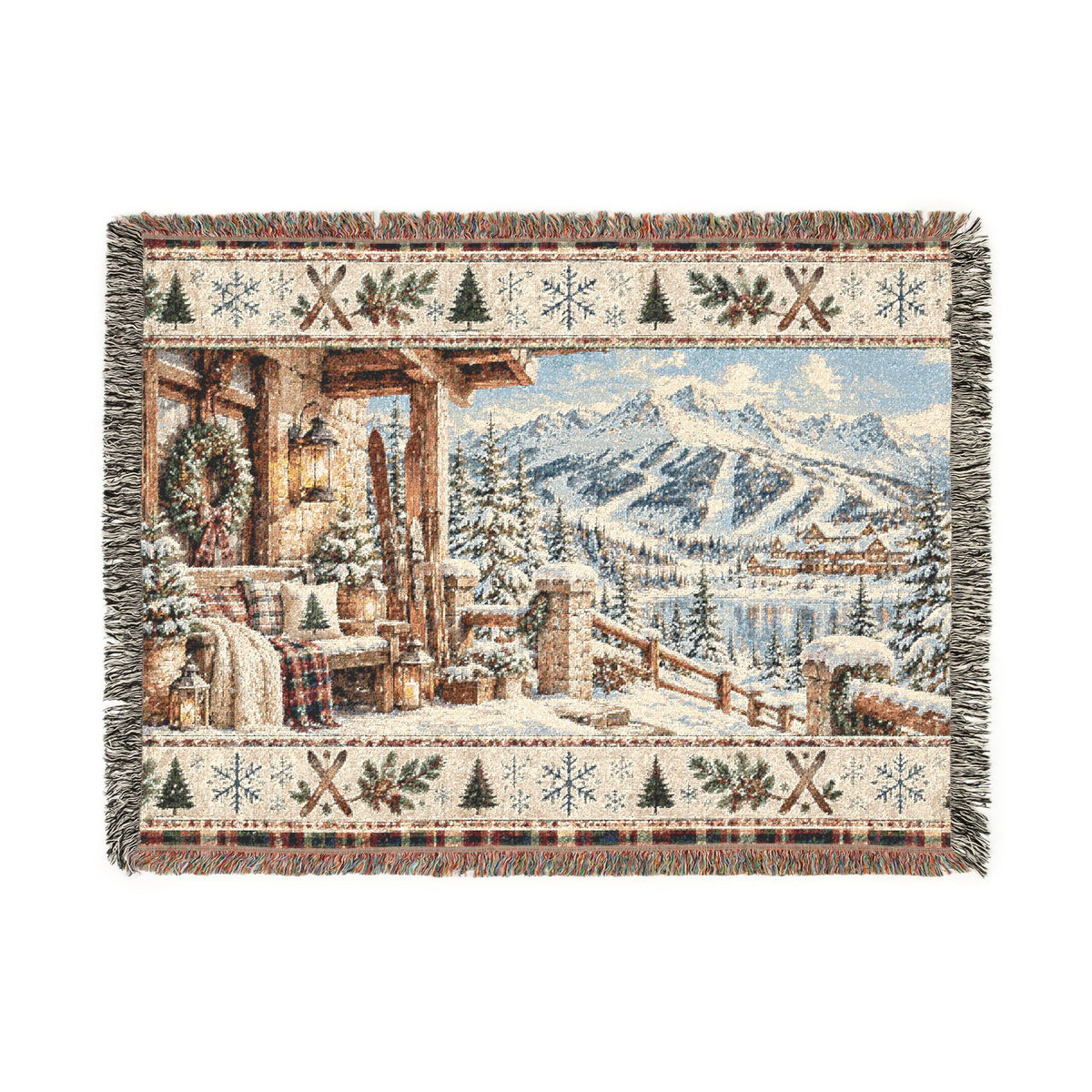 Vintage Ski Lodge Woven Blanket – Rustic Mountain Cabin Winter Throw