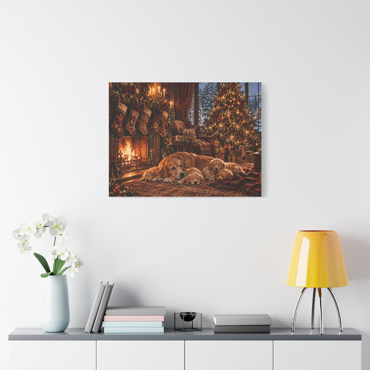 Cozy Christmas Dogs by the Fireplace Canvas Wall Art