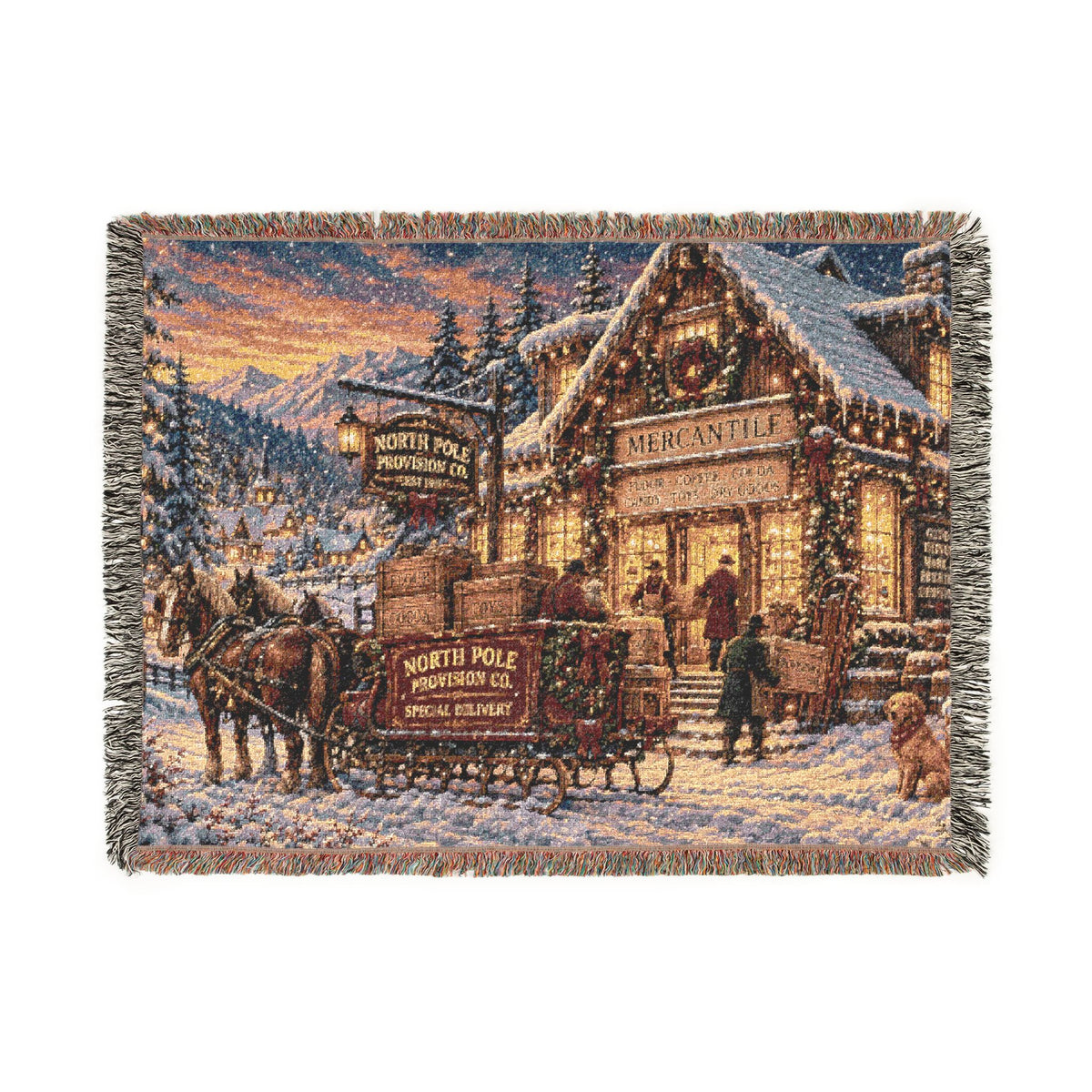 Victorian Christmas Village Woven Blanket | Holiday Cabin Tapestry Throw