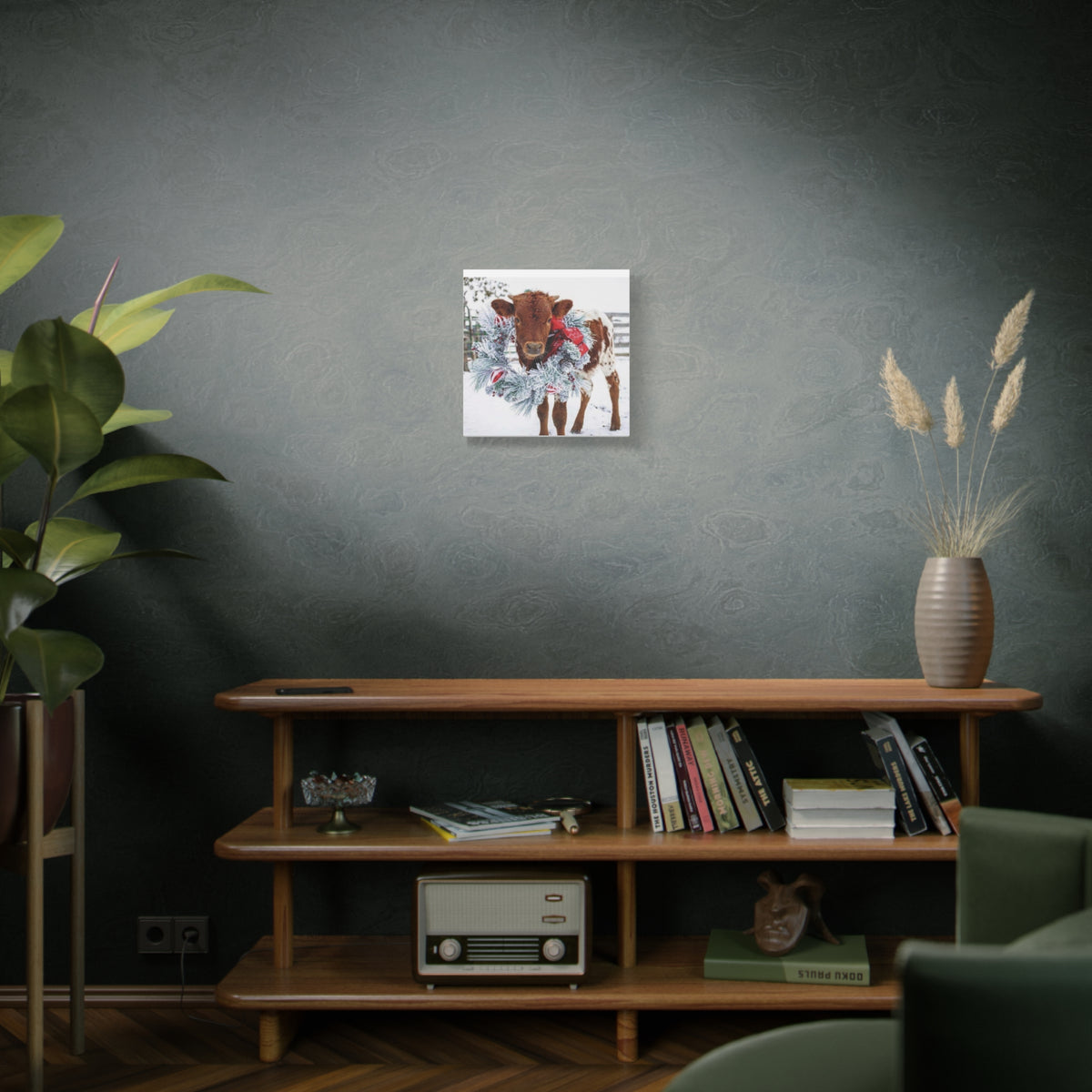 Holiday Calf Canvas Print — Festive Cow with Wreath Wall Art