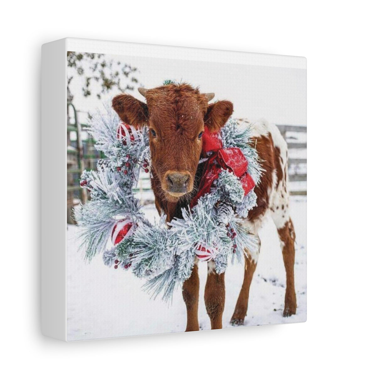 Holiday Calf Canvas Print — Festive Cow with Wreath Wall Art