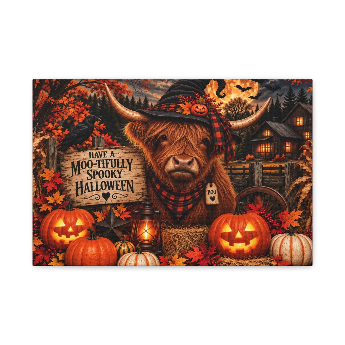 Halloween Highland Cow Canvas – "Have a Moo-tifully Spooky Halloween" Matte Stretched Wall Art