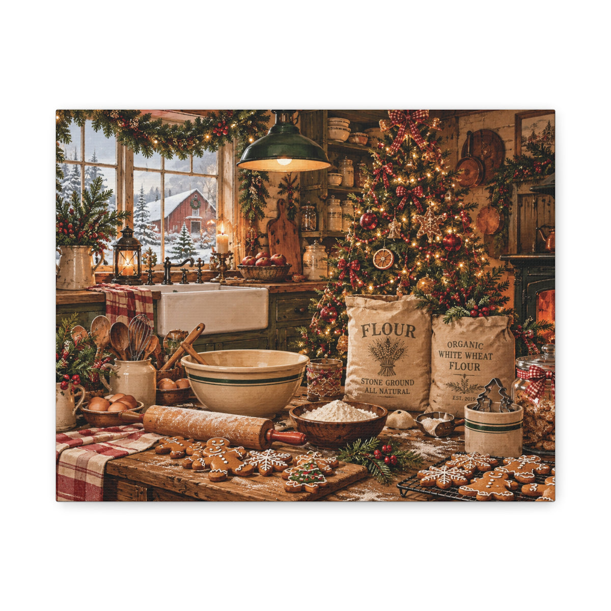 Christmas Kitchen Canvas Wall Art — Cozy Holiday Baking Scene, Rustic Farmhouse Holiday Decor