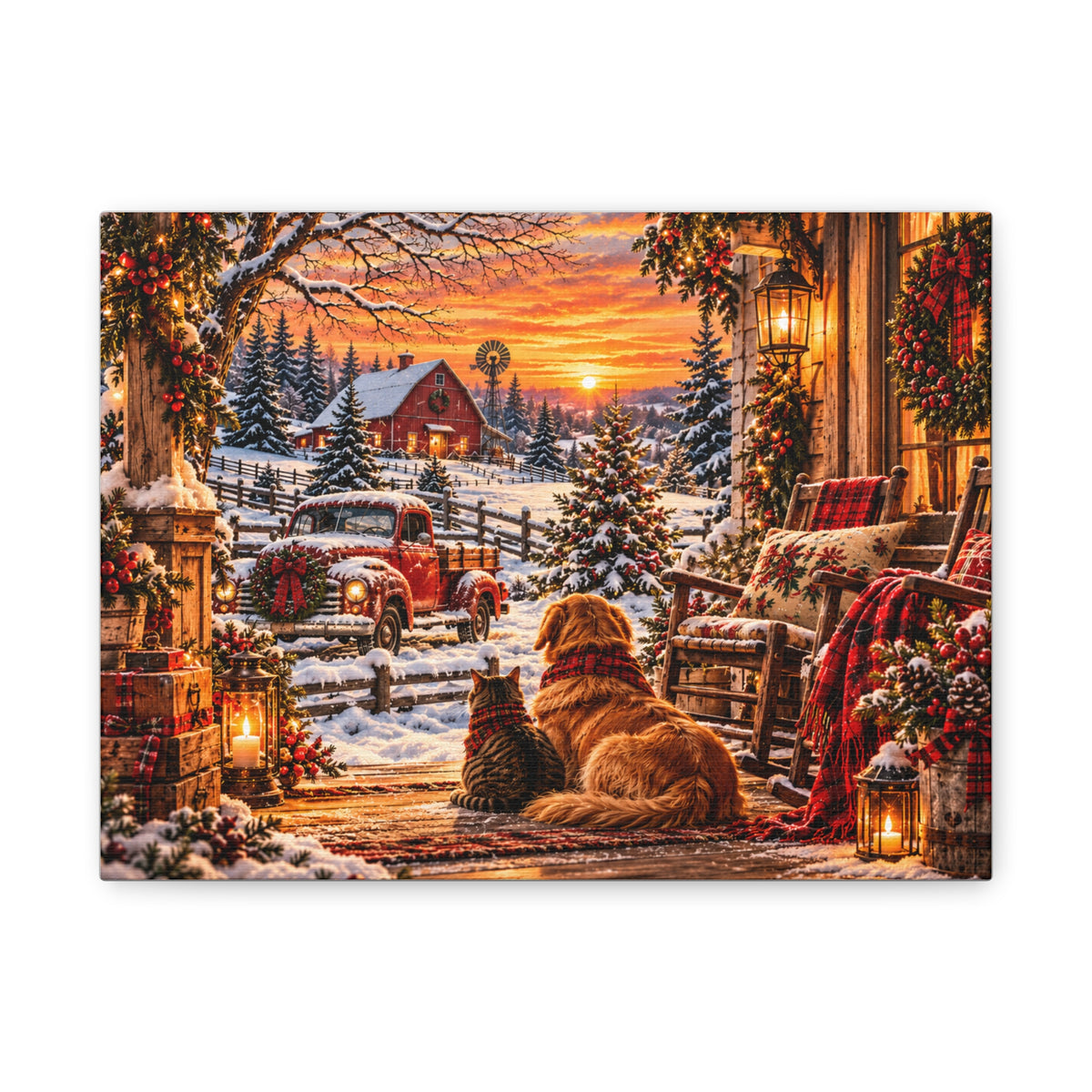 Snowy Winter Porch Scene with Dog & Cat-Christmas Farmhouse Canvas Print