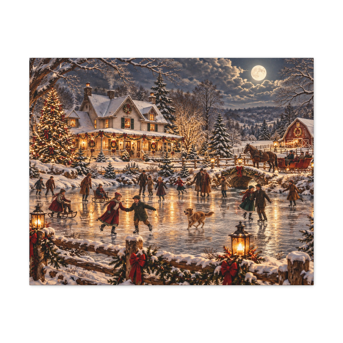 Christmas Village Ice Skating Matte Canvas Wall Art