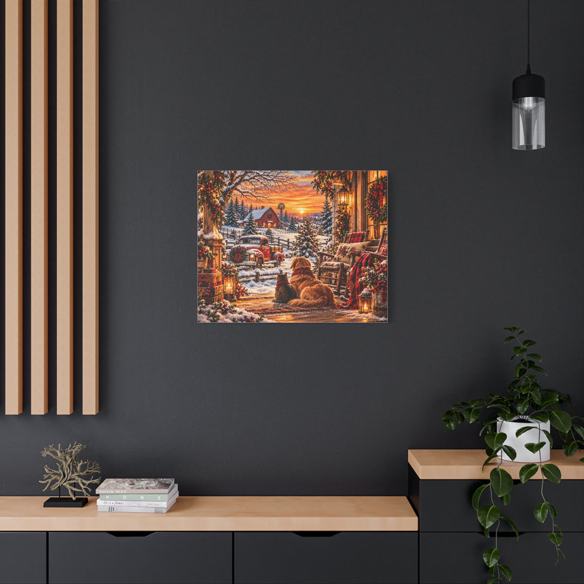 Snowy Winter Porch Scene with Dog & Cat-Christmas Farmhouse Canvas Print