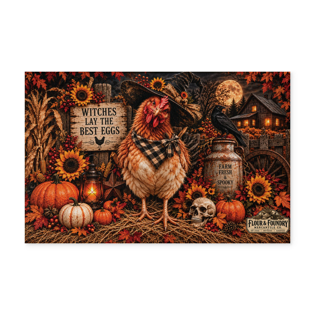 Halloween Chicken Doormat Rug — "Witches Lay the Best Eggs" Fall Farmhouse Washable Rug