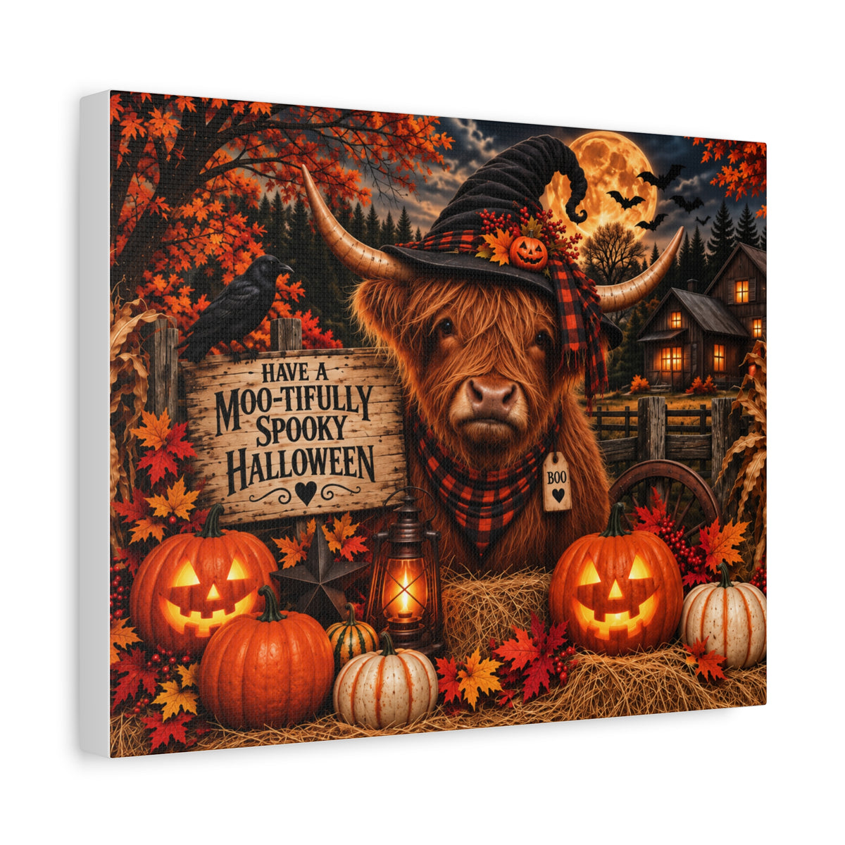 Halloween Highland Cow Canvas – "Have a Moo-tifully Spooky Halloween" Matte Stretched Wall Art