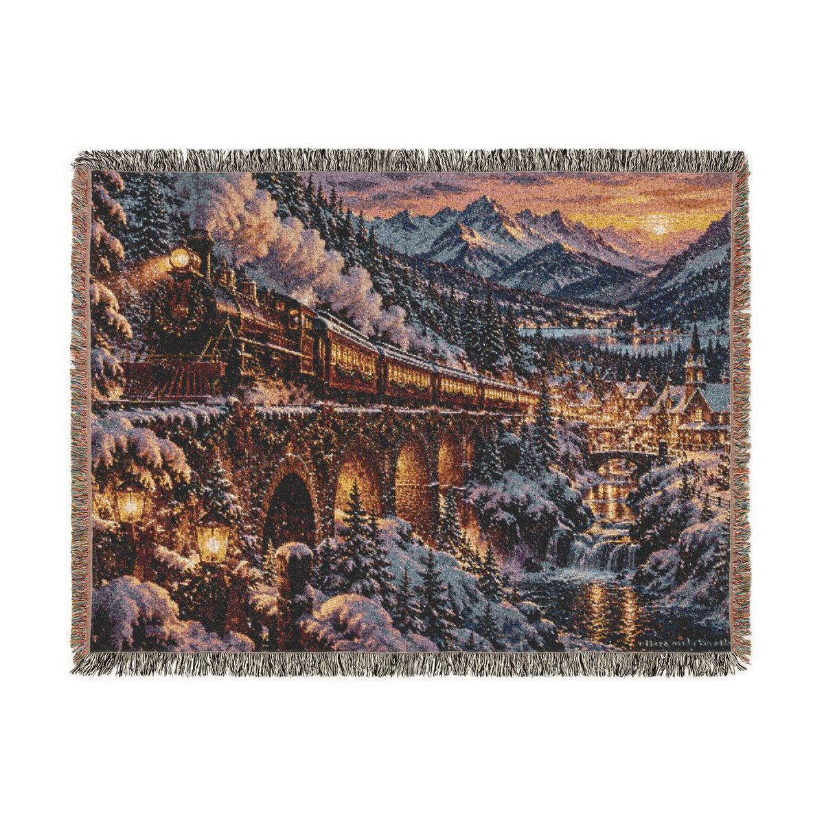 Christmas Train in the Alps Woven Blanket