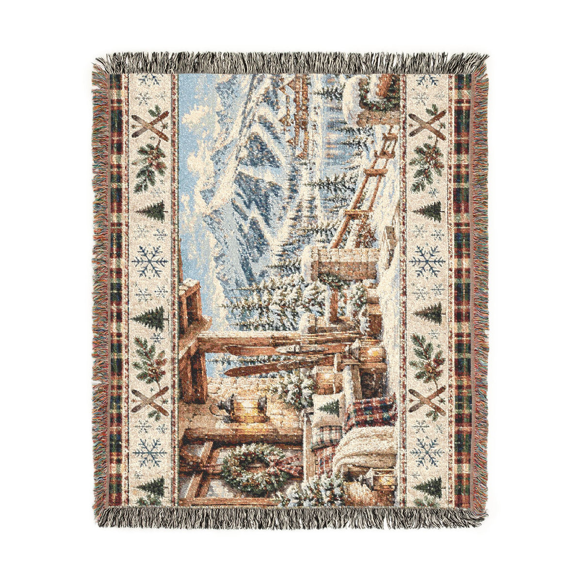 Vintage Ski Lodge Woven Blanket – Rustic Mountain Cabin Winter Throw