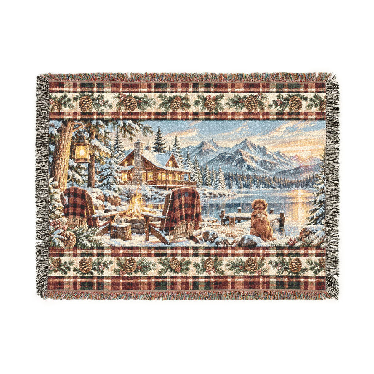 Rustic Mountain Lodge Woven Blanket – Winter Cabin, Golden Retriever and Lake Throw