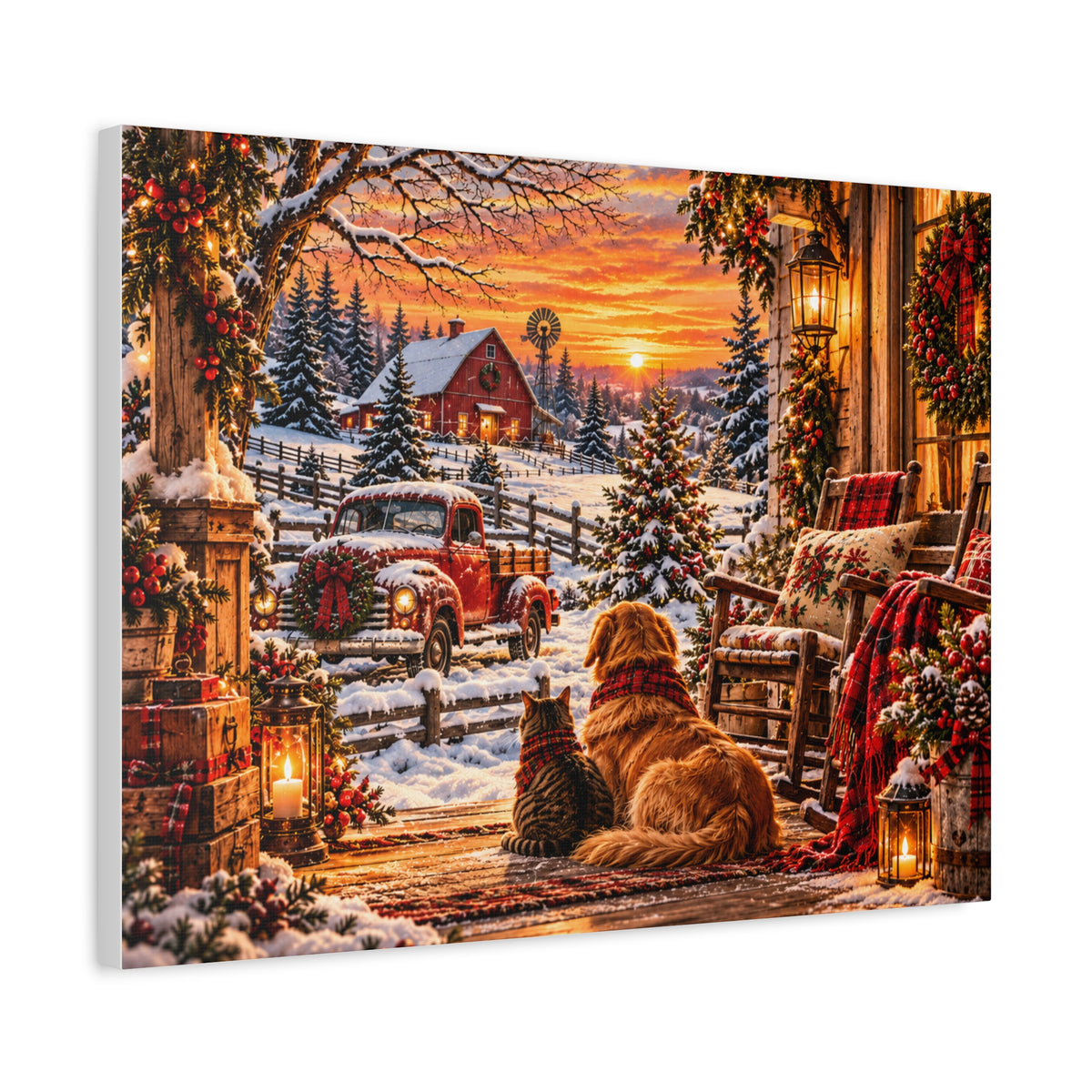Snowy Winter Porch Scene with Dog & Cat-Christmas Farmhouse Canvas Print