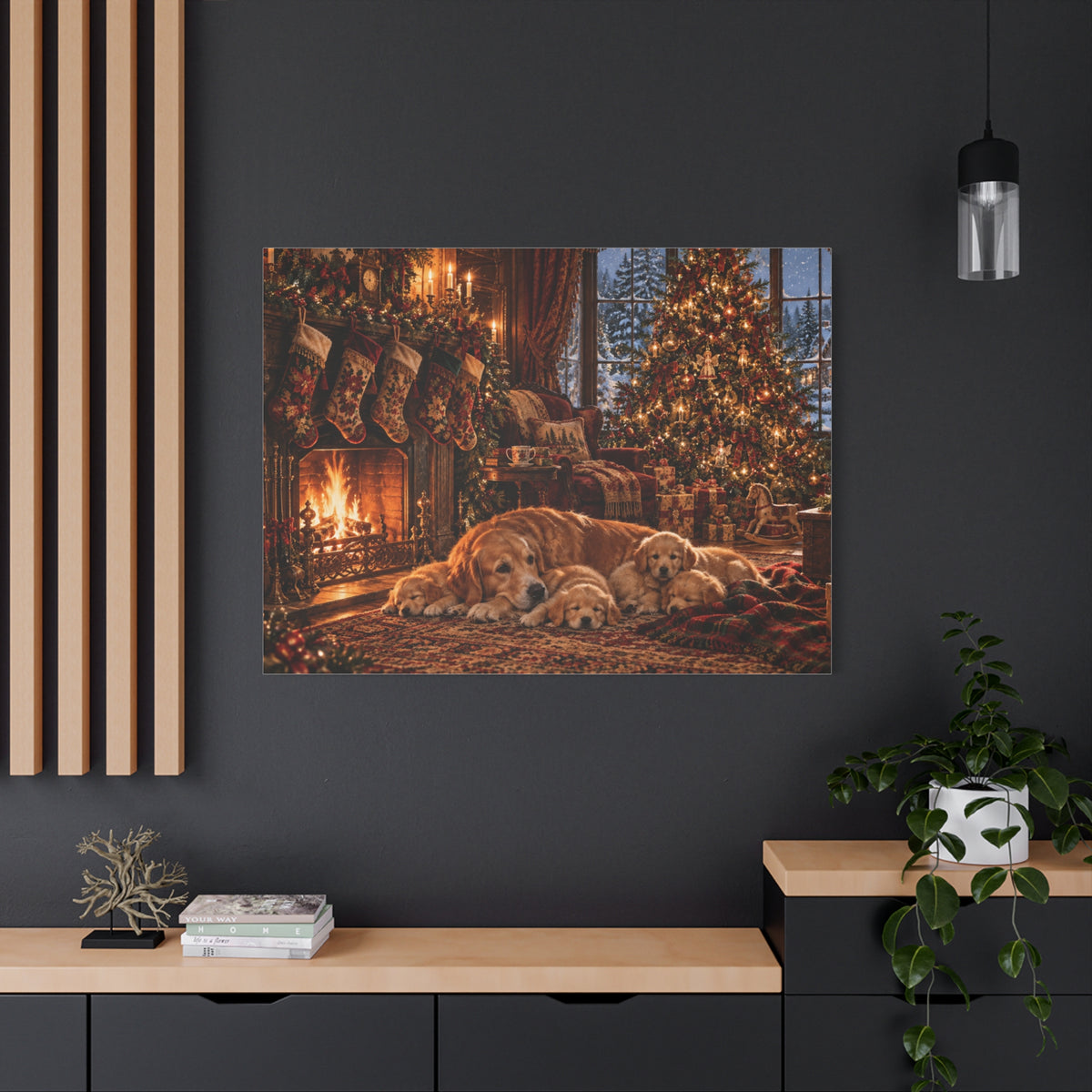 Cozy Christmas Dogs by the Fireplace Canvas Wall Art