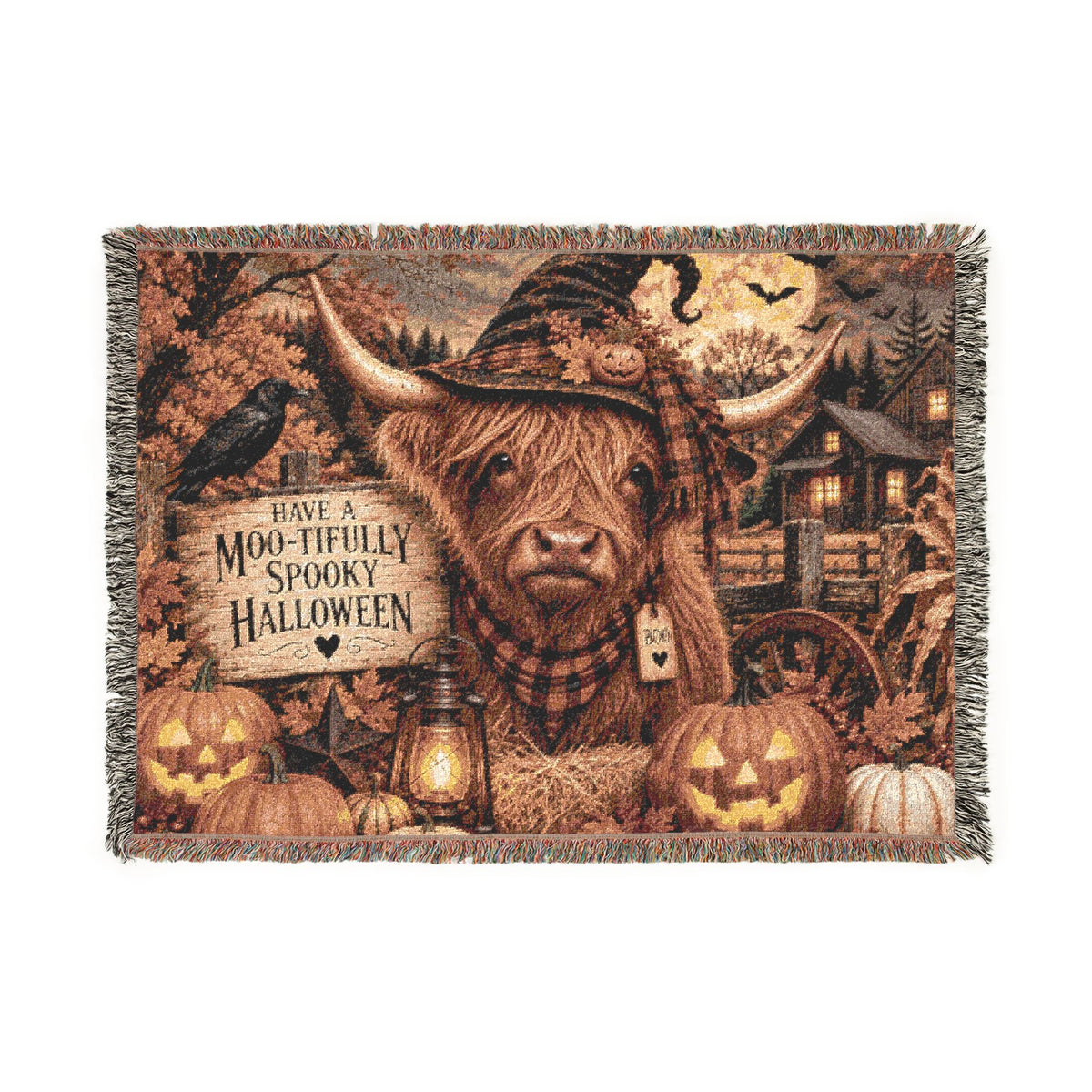 Highland Cow Witch Woven Blanket | Halloween Pumpkin Farm Throw