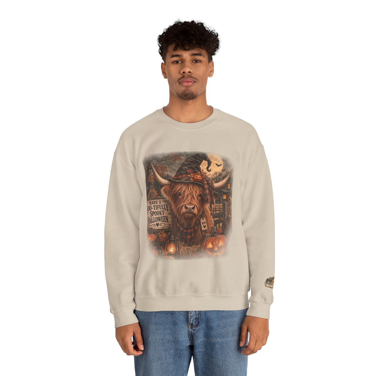 Halloween Highland Cow Sweatshirt – "Have a Moo-tifully Spooky Halloween" Crewneck-Flour and Foundry Mercantile Co.
