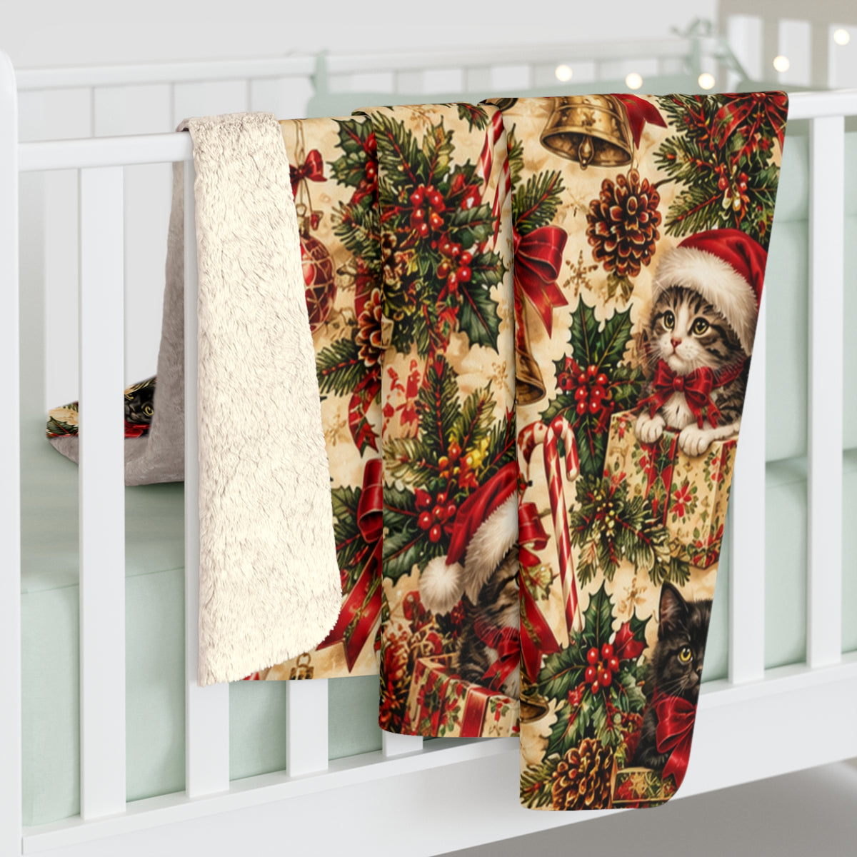 Christmas Poinsettia & Kitten Santa Sherpa Blanket — Festive Holiday Throw
