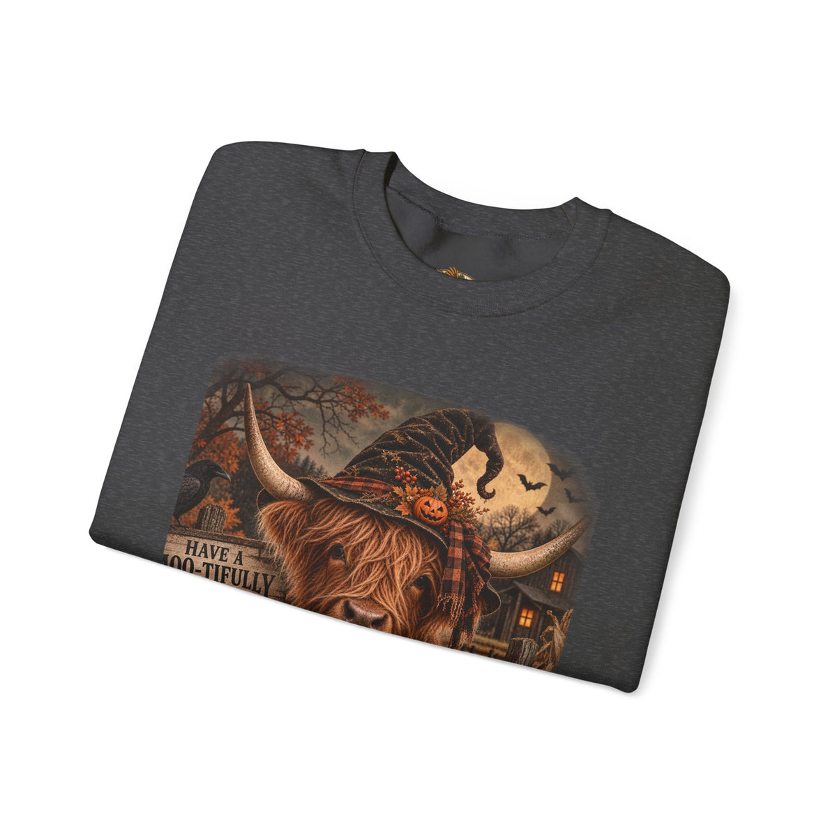 Halloween Highland Cow Sweatshirt – "Have a Moo-tifully Spooky Halloween" Crewneck-Flour and Foundry Mercantile Co.