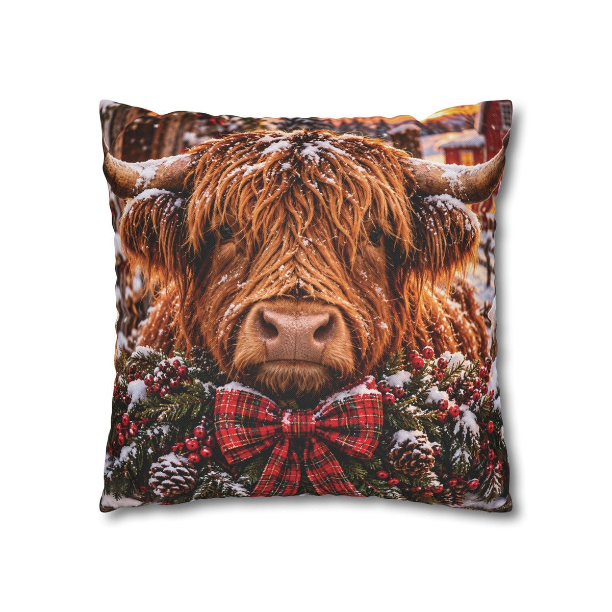 Christmas Barn and Cow Double Sided Pillowcase — Rustic Holiday Throw Pillow Cover