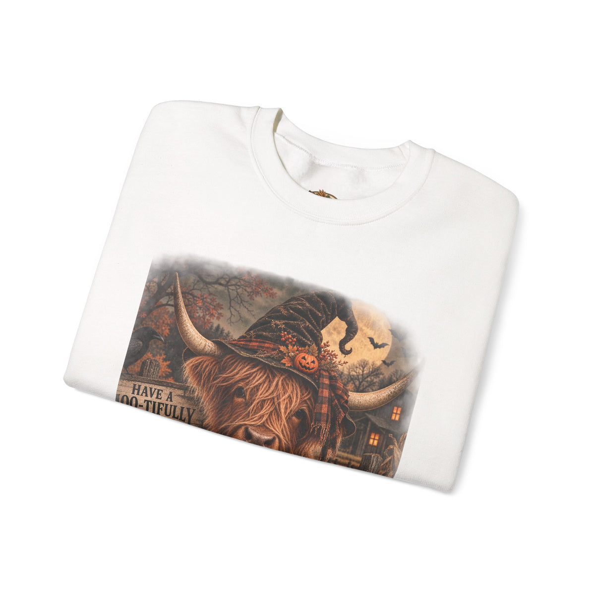 Halloween Highland Cow Sweatshirt – "Have a Moo-tifully Spooky Halloween" Crewneck-Flour and Foundry Mercantile Co.