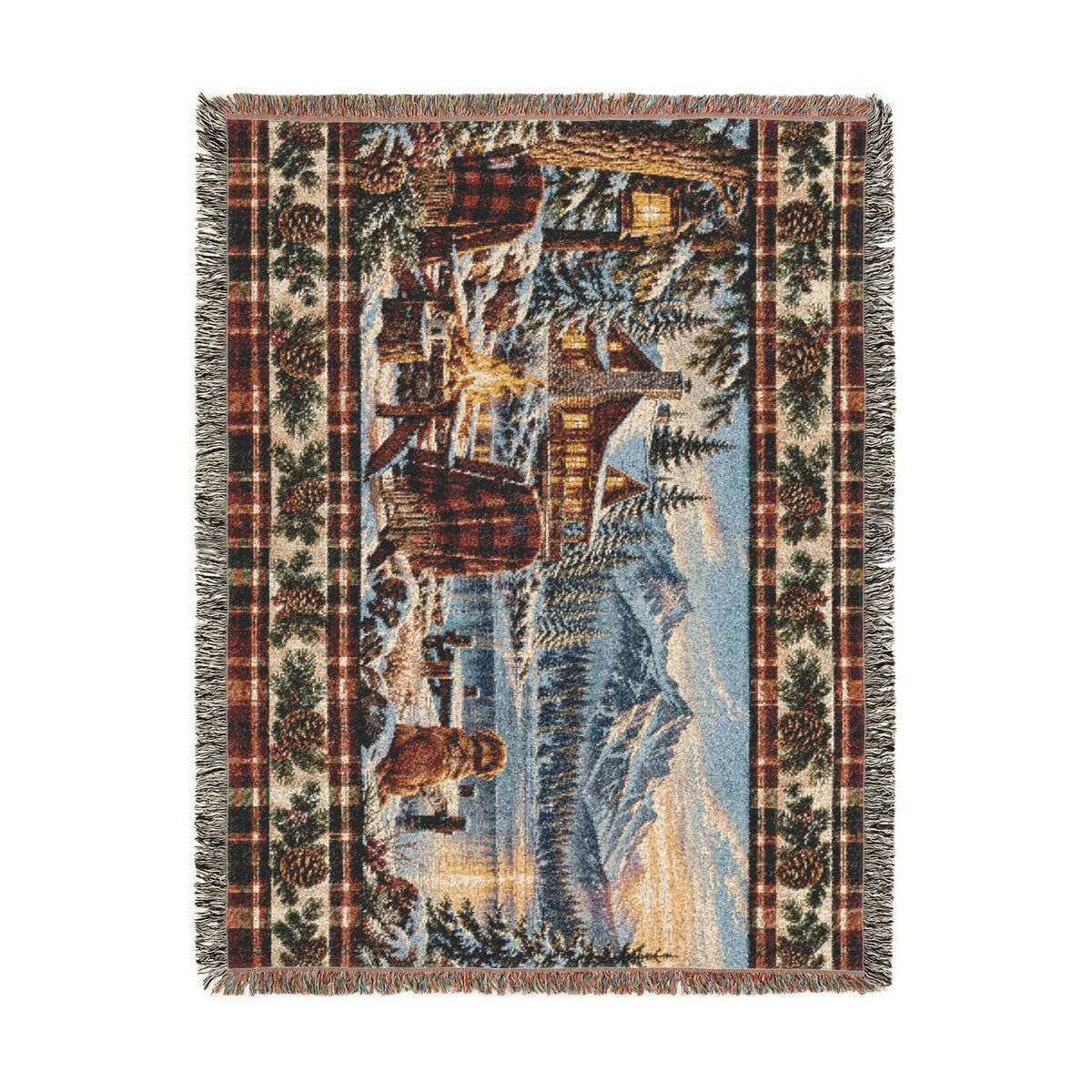 Rustic Mountain Lodge Woven Blanket – Winter Cabin, Golden Retriever and Lake Throw