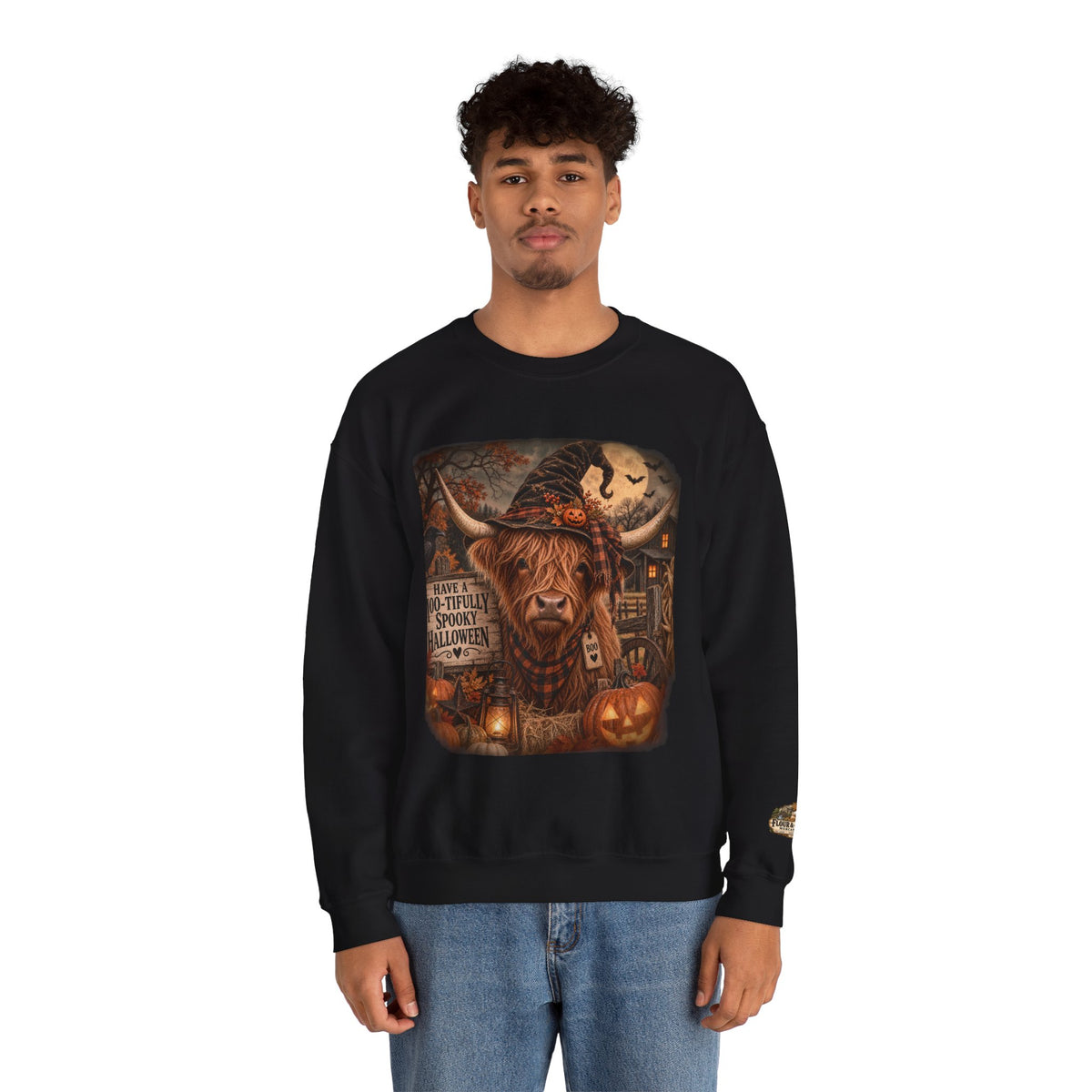 Halloween Highland Cow Sweatshirt – "Have a Moo-tifully Spooky Halloween" Crewneck-Flour and Foundry Mercantile Co.