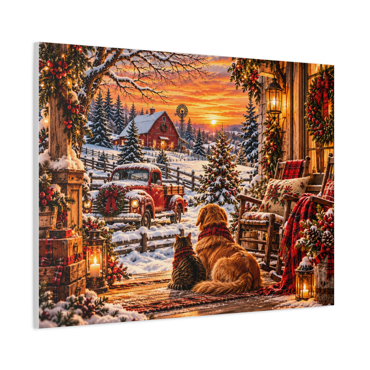Snowy Winter Porch Scene with Dog & Cat-Christmas Farmhouse Canvas Print