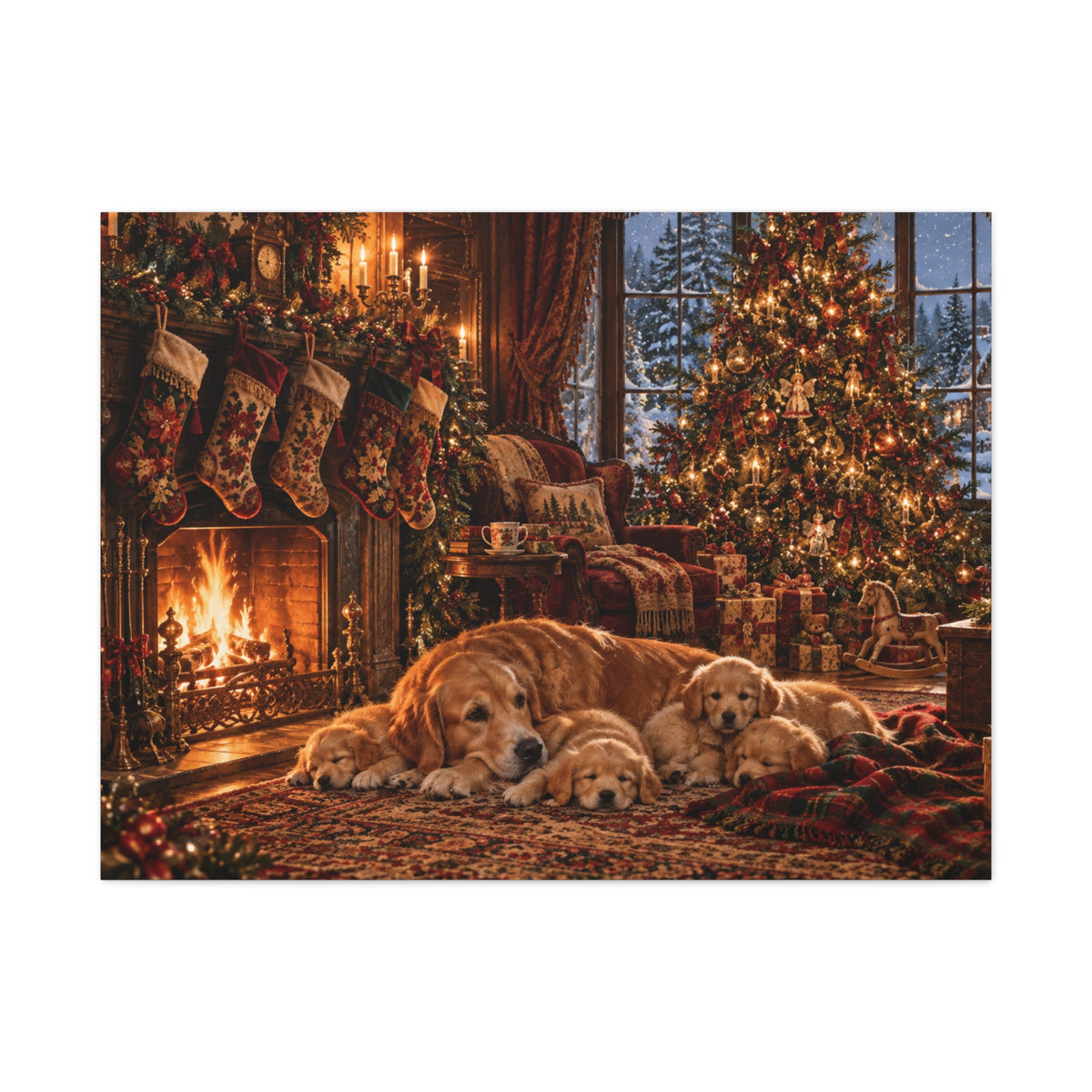 Cozy Christmas Dogs by the Fireplace Canvas Wall Art