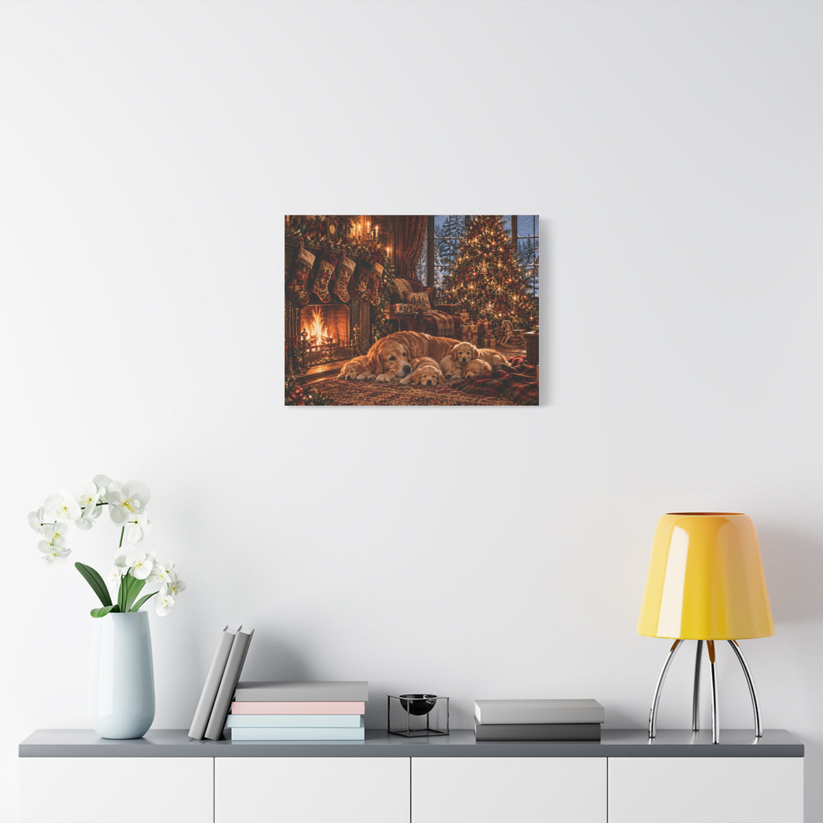 Cozy Christmas Dogs by the Fireplace Canvas Wall Art