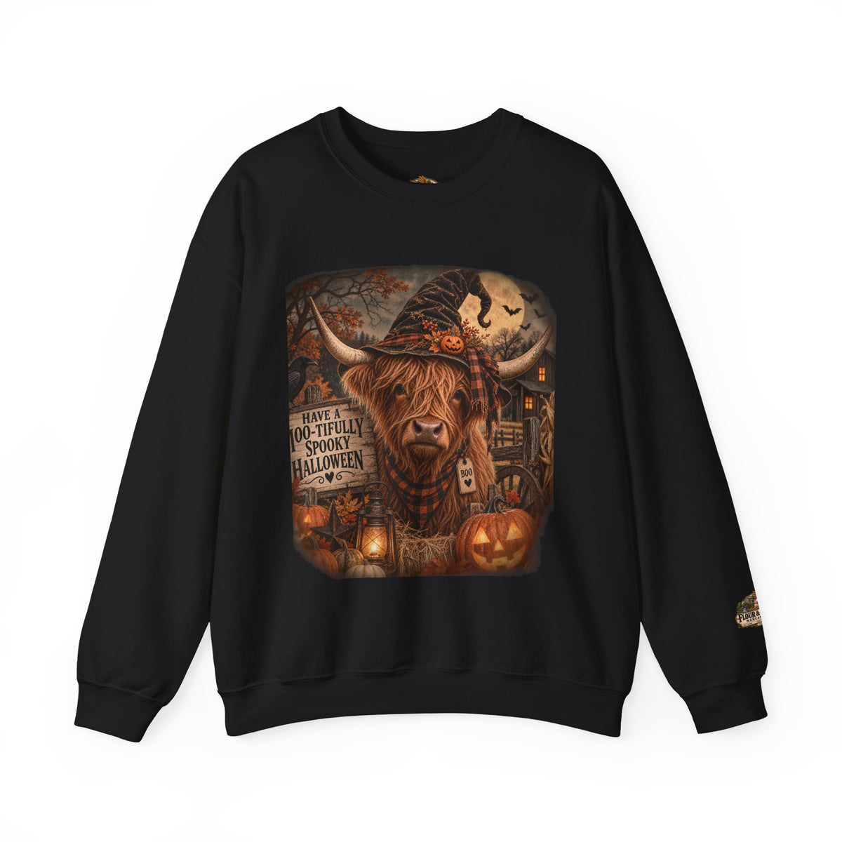 Halloween Highland Cow Sweatshirt – "Have a Moo-tifully Spooky Halloween" Crewneck-Flour and Foundry Mercantile Co.